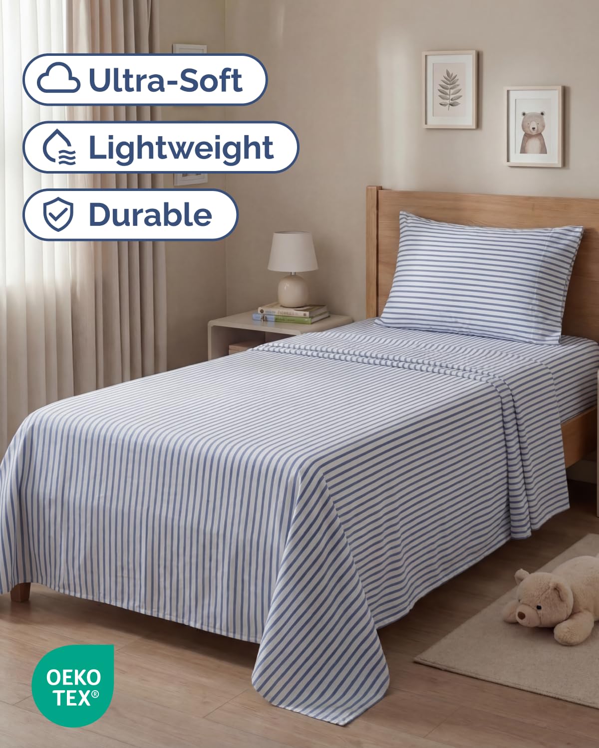 CGK Unlimited twin sheet set blue stripes fitted sheet hugs mattress securely