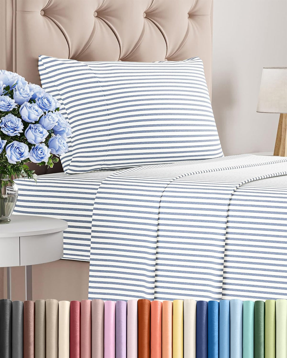 CGK Unlimited twin sheet set blue stripes flat sheet for cool, breathable comfort