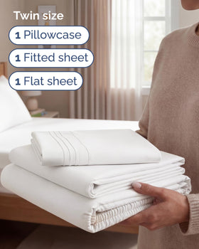 CGK Unlimited twin sheet set fitted sheet close-up highlights up to 16-inch deep pockets.