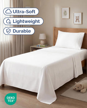 CGK Unlimited twin sheet set flat sheet close-up reveals generous 96 by 66 inches.