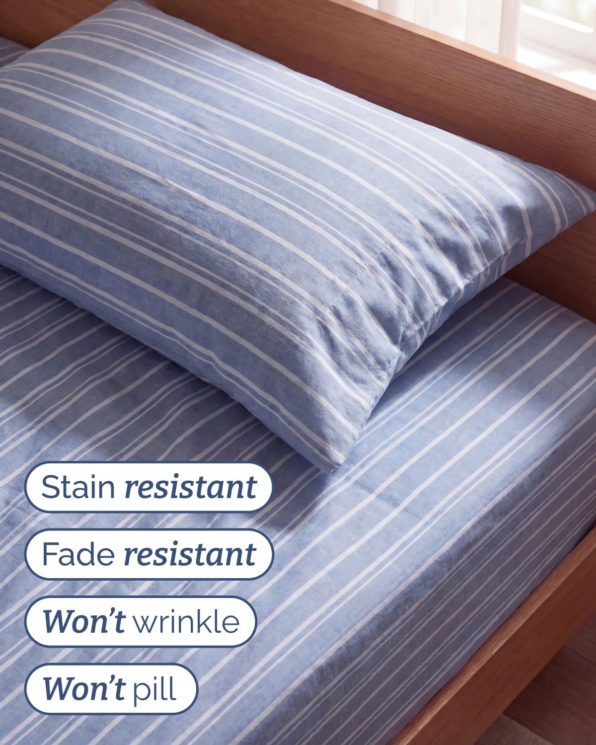 CGK Unlimited blue stripes deep pockets image shows easy fit for thick mattresses.