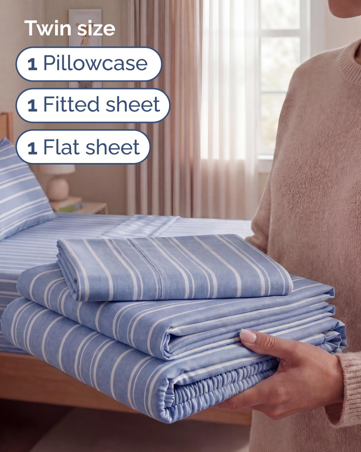 CGK Unlimited twin size blue stripes fitted sheet fits up to 16-inch mattresses securely.