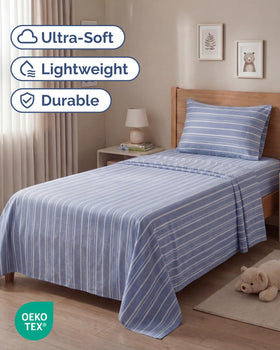 CGK Unlimited twin size blue stripes flat sheet, 96 by 66 inches, for wide, breathable coverage.