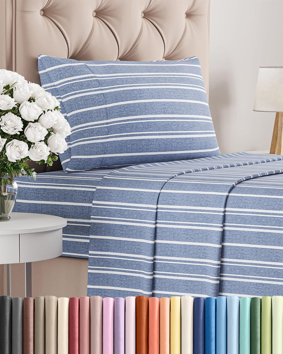 CGK Unlimited twin size blue stripes packaging showcases premium quality and easy care.