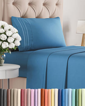 CGK Unlimited twin-size denim blue flat sheet close-up shows breathable, hotel-quality comfort.