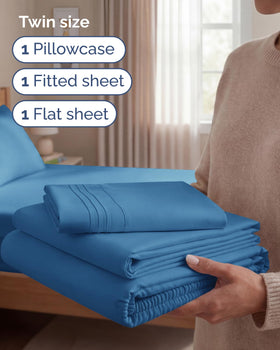 CGK Unlimited pillowcase in denim blue showcases soft, wrinkle-free finish for easy care.