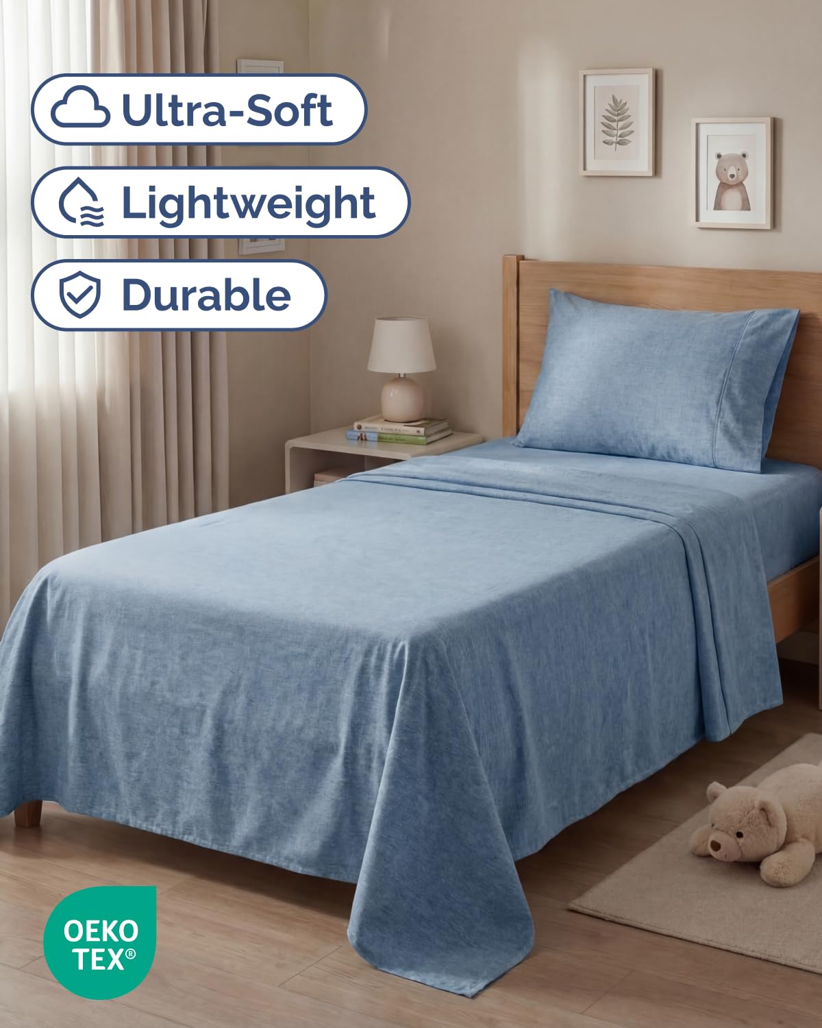 CGK Unlimited twin-size 3-piece sheet set fitted sheet with 16-inch deep pocket secures snug fit.