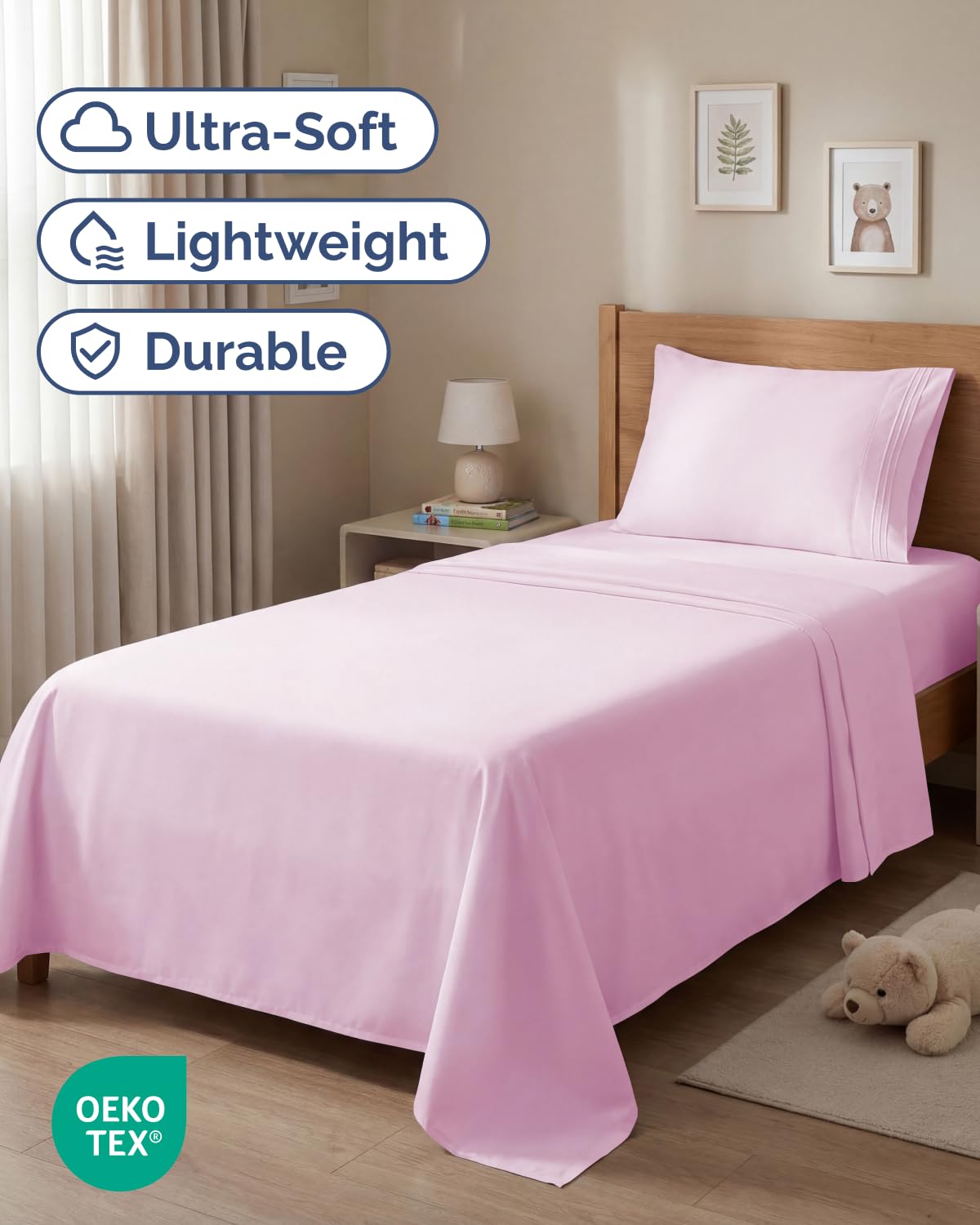 CGK Unlimited twin-size 3-piece sheet set fitted sheet on mattress demonstrating deep pockets for secure fit
