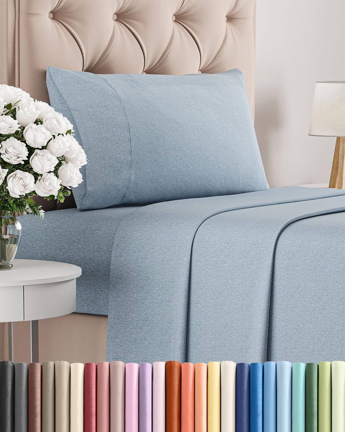 CGK Unlimited twin-size 3-piece sheet set flat sheet in heathered blue delivers cooling comfort for warm nights.