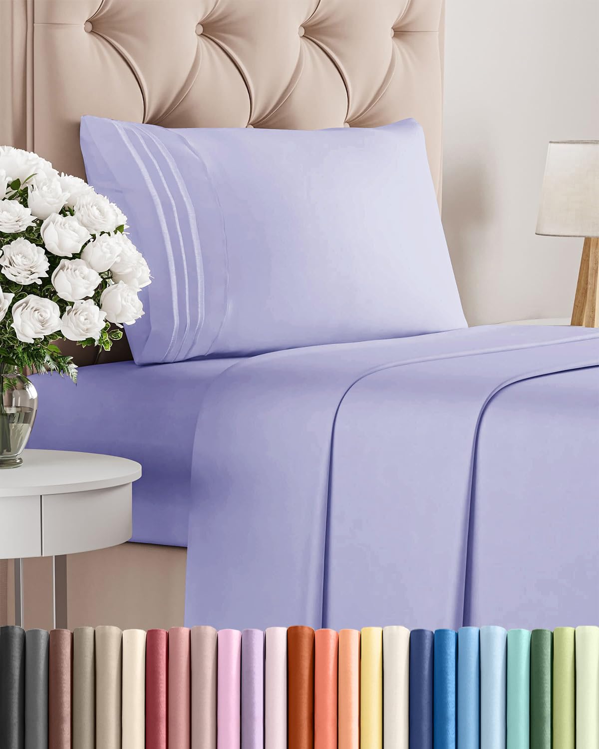 CGK Unlimited lavender twin sheet set on bed, silky soft and breathable for restful nights.