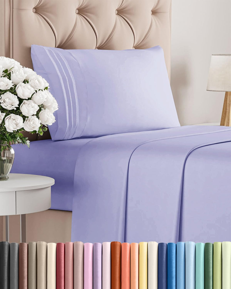 CGK Unlimited lavender twin sheet set on bed, silky soft and breathable for restful nights.