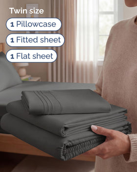 CGK Unlimited charcoal sheet set close-up shows silky softness and wrinkle resistance