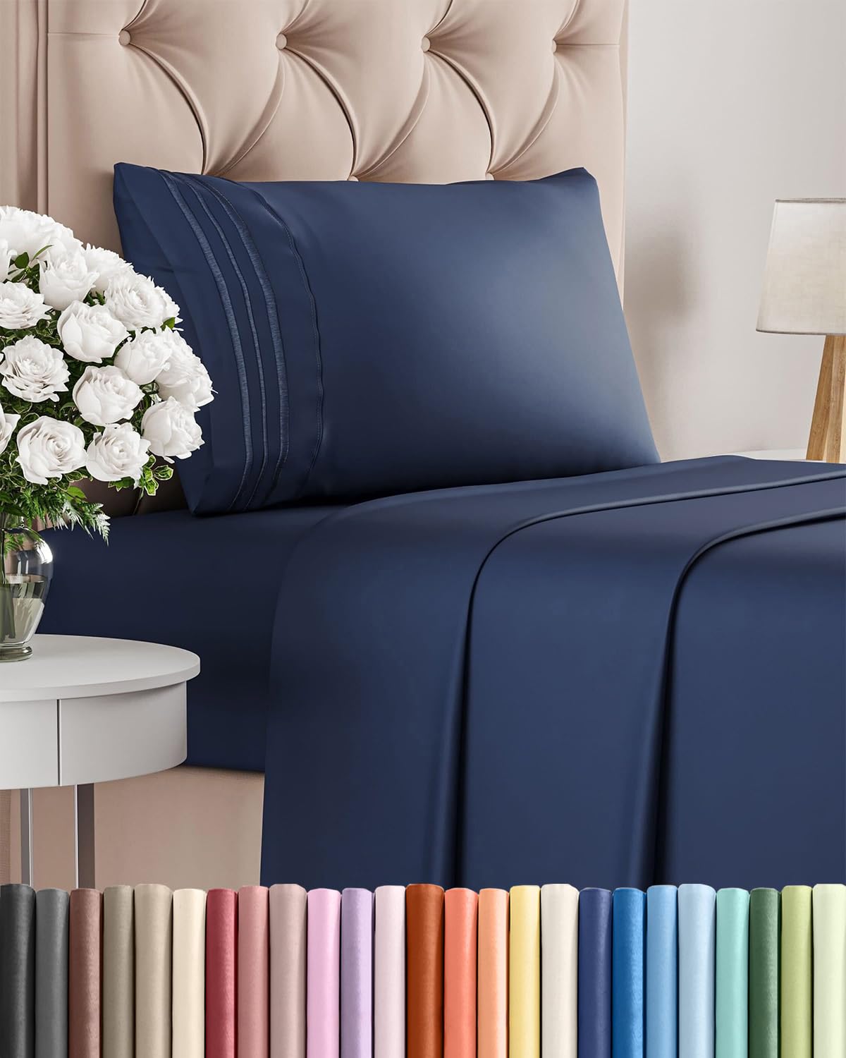 CGK Unlimited twin sheet set navy blue flat sheet closeup shows silky softness and breathability