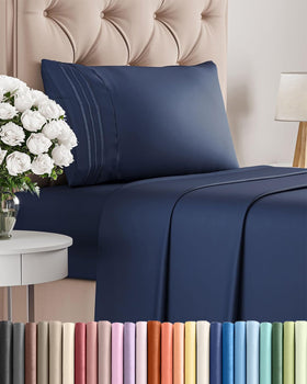 CGK Unlimited twin sheet set navy blue flat sheet closeup shows silky softness and breathability