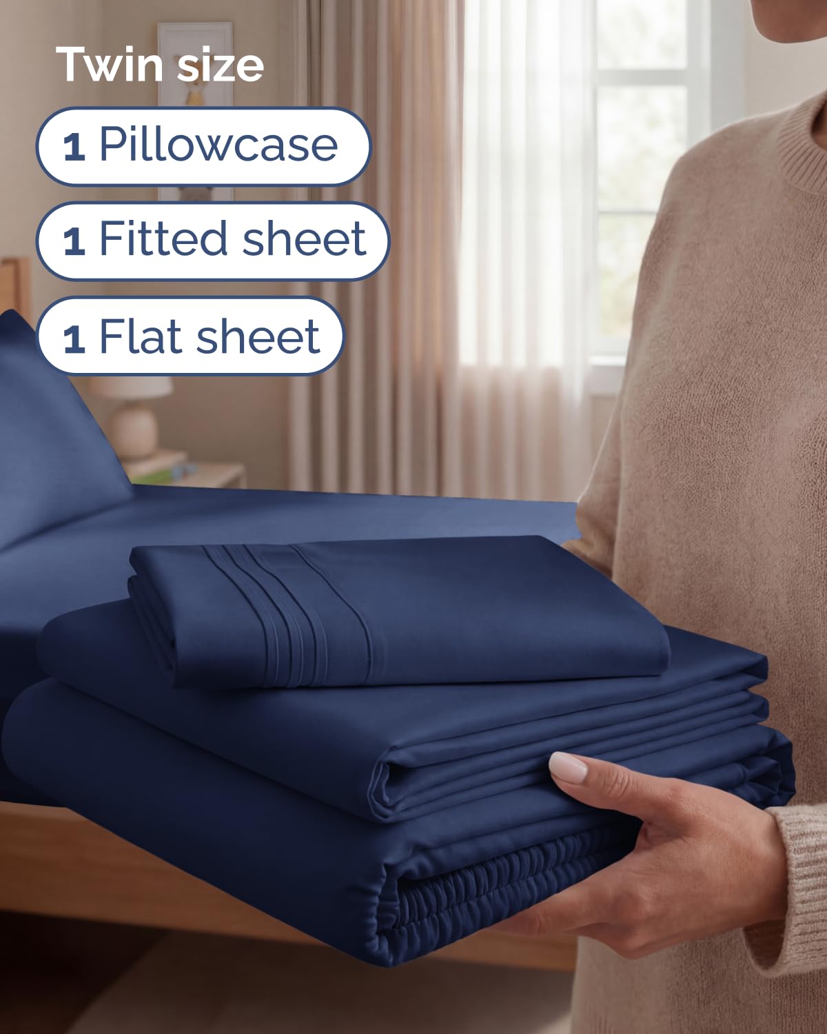 CGK Unlimited twin sheet set navy blue pillowcase closeup highlights generous sizing