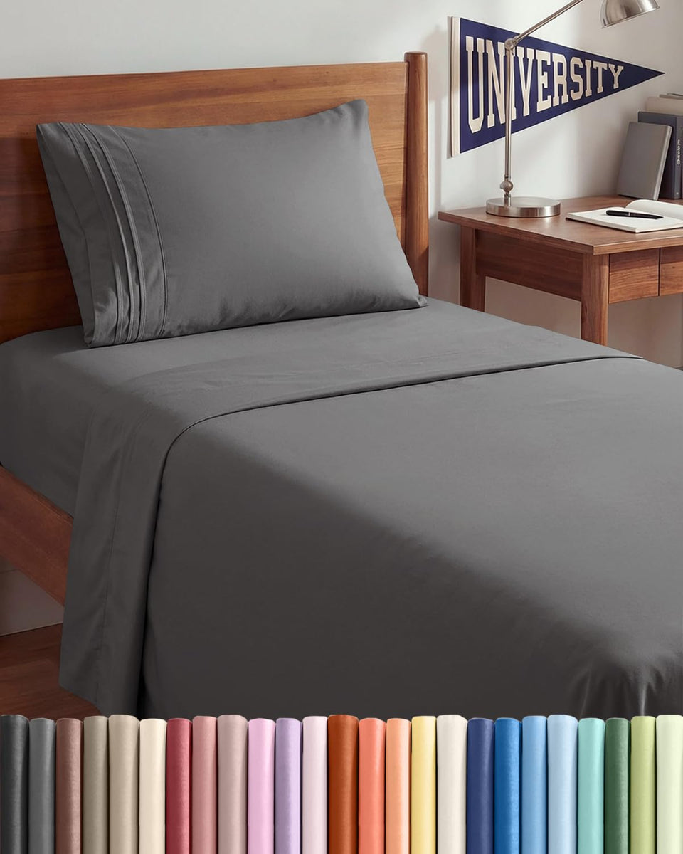 CGK Unlimited Twin XL 3-piece sheet set flat sheet close-up, silky microfiber feel for cooling comfort