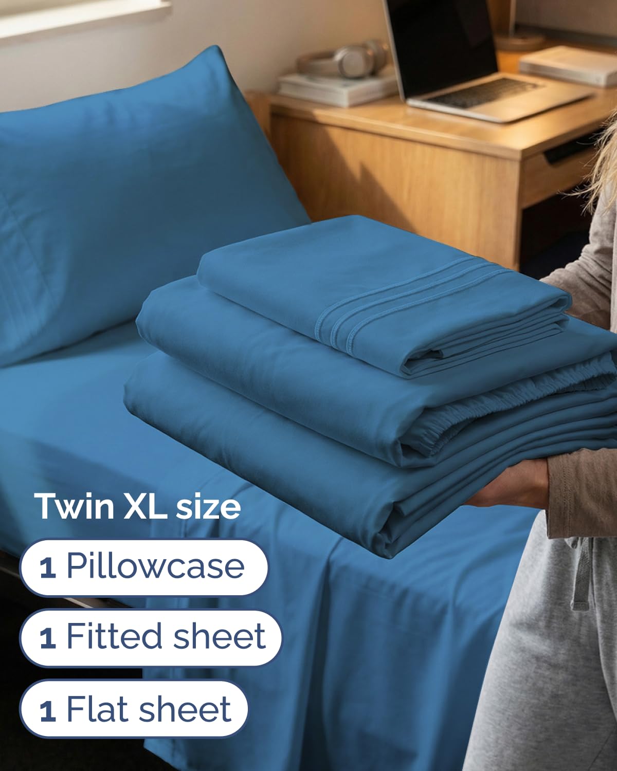 CGK Unlimited denim blue fitted sheet demonstrates deep-pocket fit for large mattresses