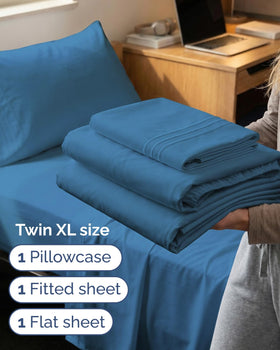 CGK Unlimited denim blue fitted sheet demonstrates deep-pocket fit for large mattresses