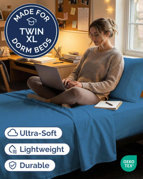 CGK Unlimited twin XL denim blue flat sheet showcases breathable sleep with generous weave
