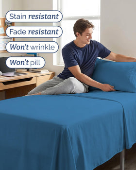 CGK Unlimited sheet set on bed highlights wrinkle-free, soft touch for lounging