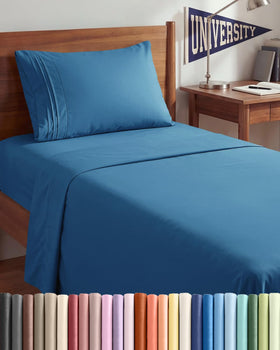 CGK Unlimited Twin XL sheet set in denim blue packaging highlights premium quality and easy care