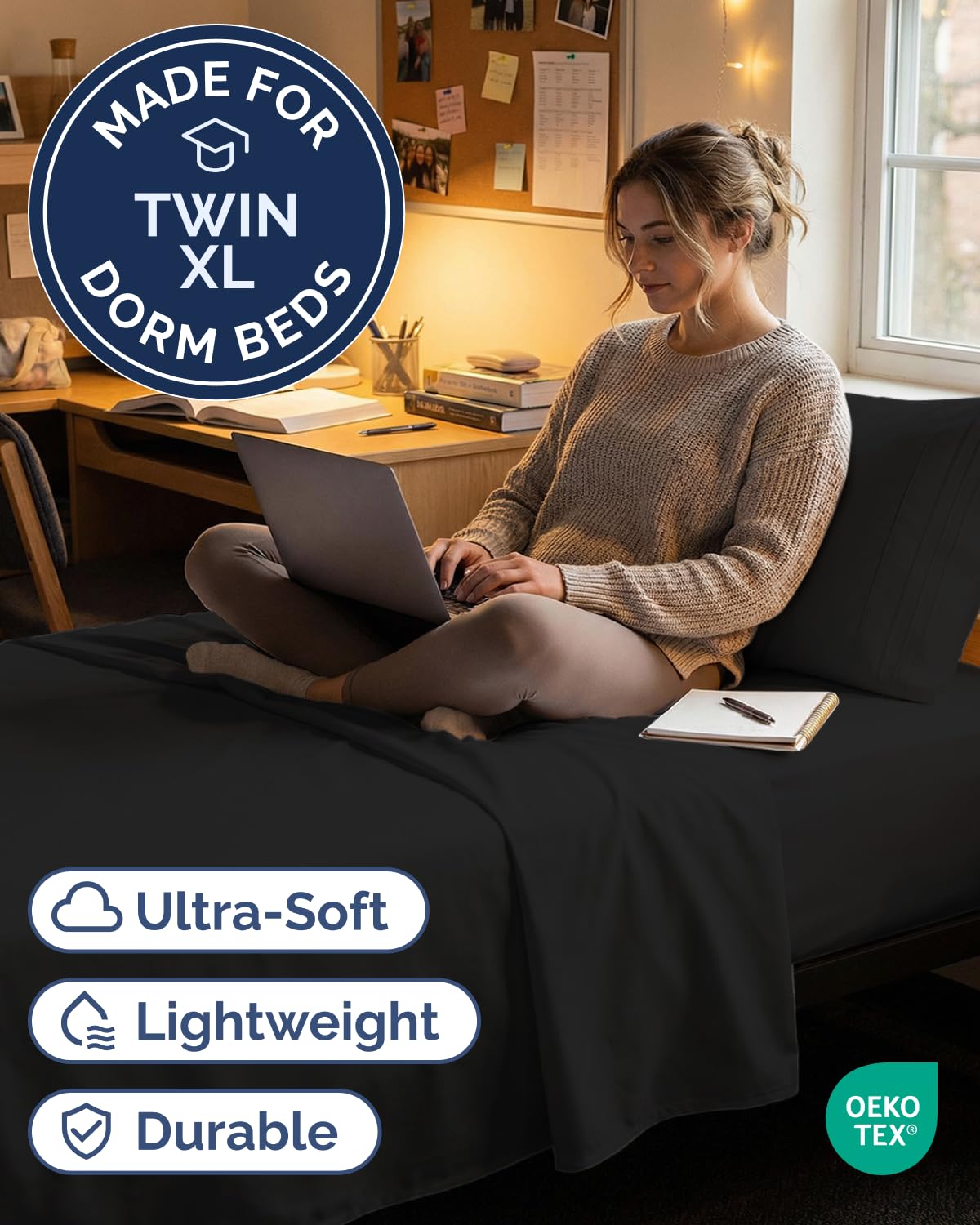 CGK Unlimited Twin XL 3-piece fitted sheet in black showing deep-pocket fit