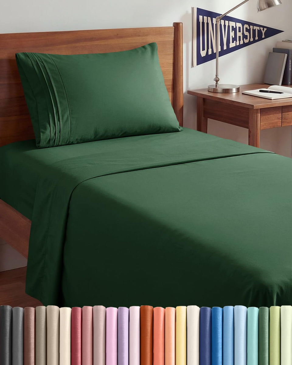 CGK Unlimited Twin XL 3-piece sheet set flat sheet in emerald green, breathable and cool.