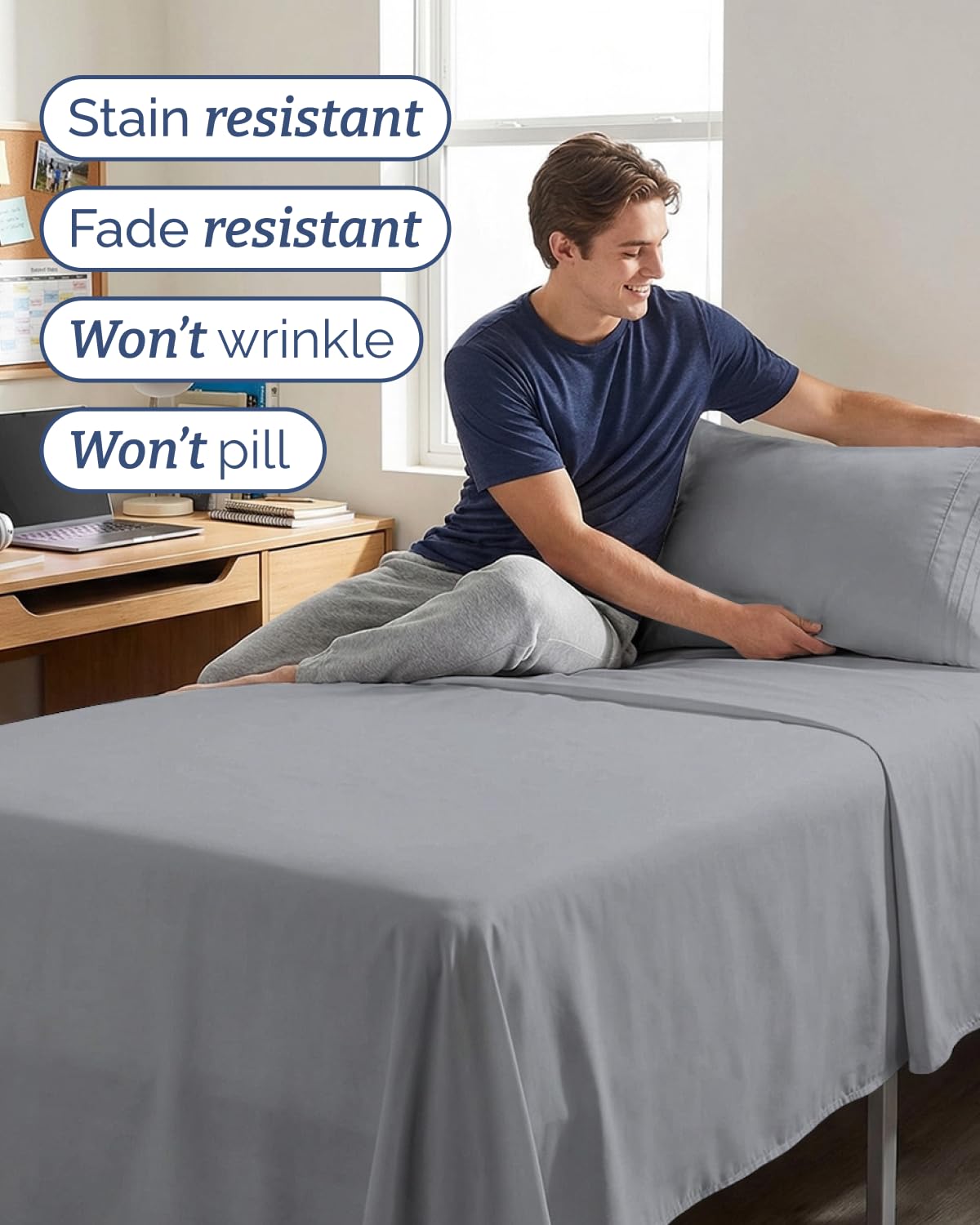 Steel-blue CGK Unlimited bedroom scene with hotel-inspired luxury at home