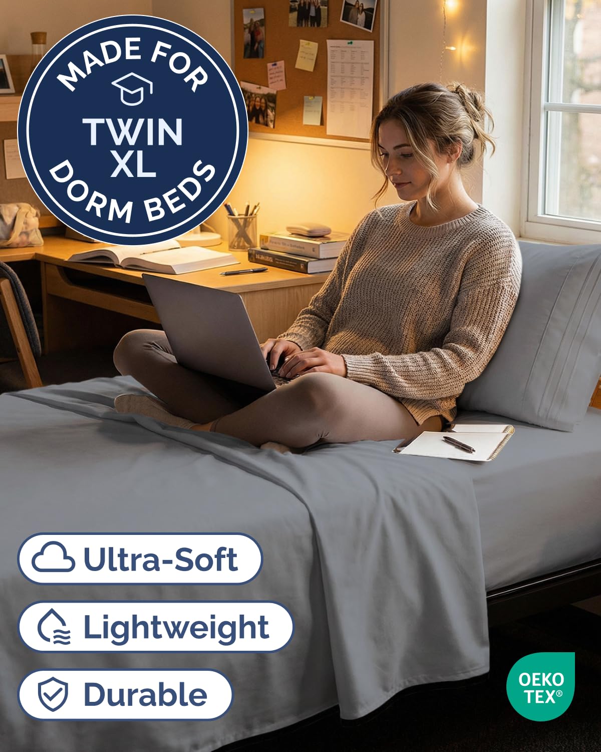 CGK Unlimited steel-blue fitted sheet showing deep-pocket fit on mattress