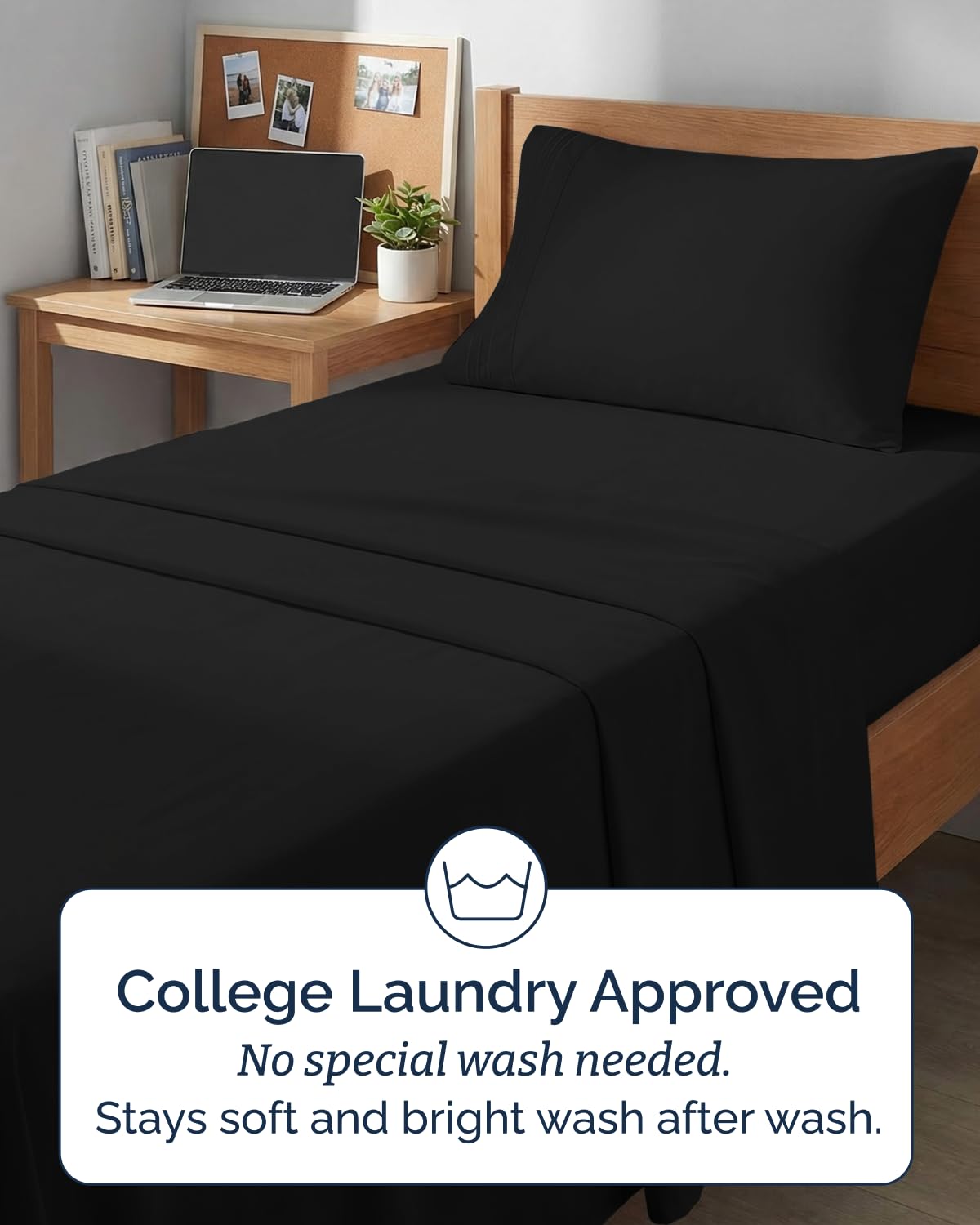 CGK Unlimited black sheet set with wrinkle-free finish on a bed