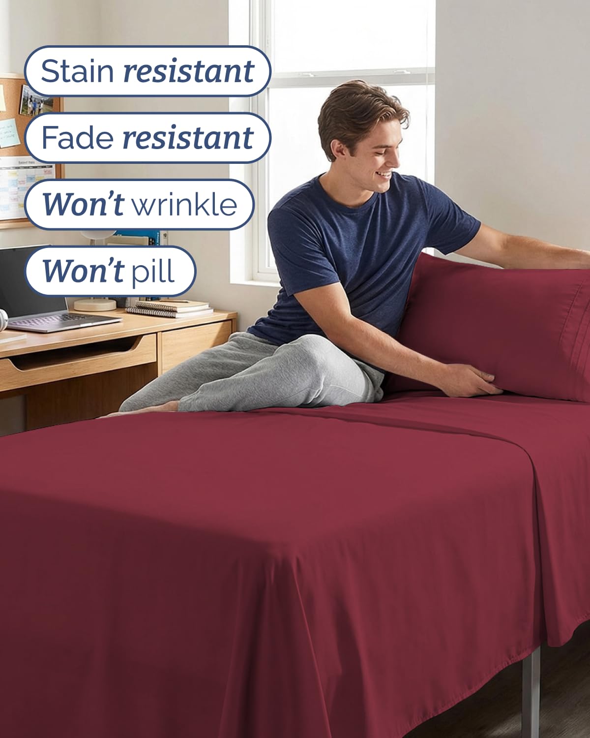 Draped burgundy CGK sheet on bed offering hotel-inspired look