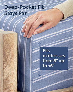 CGK Unlimited Twin XL fitted sheet on bed shows easy-fit design