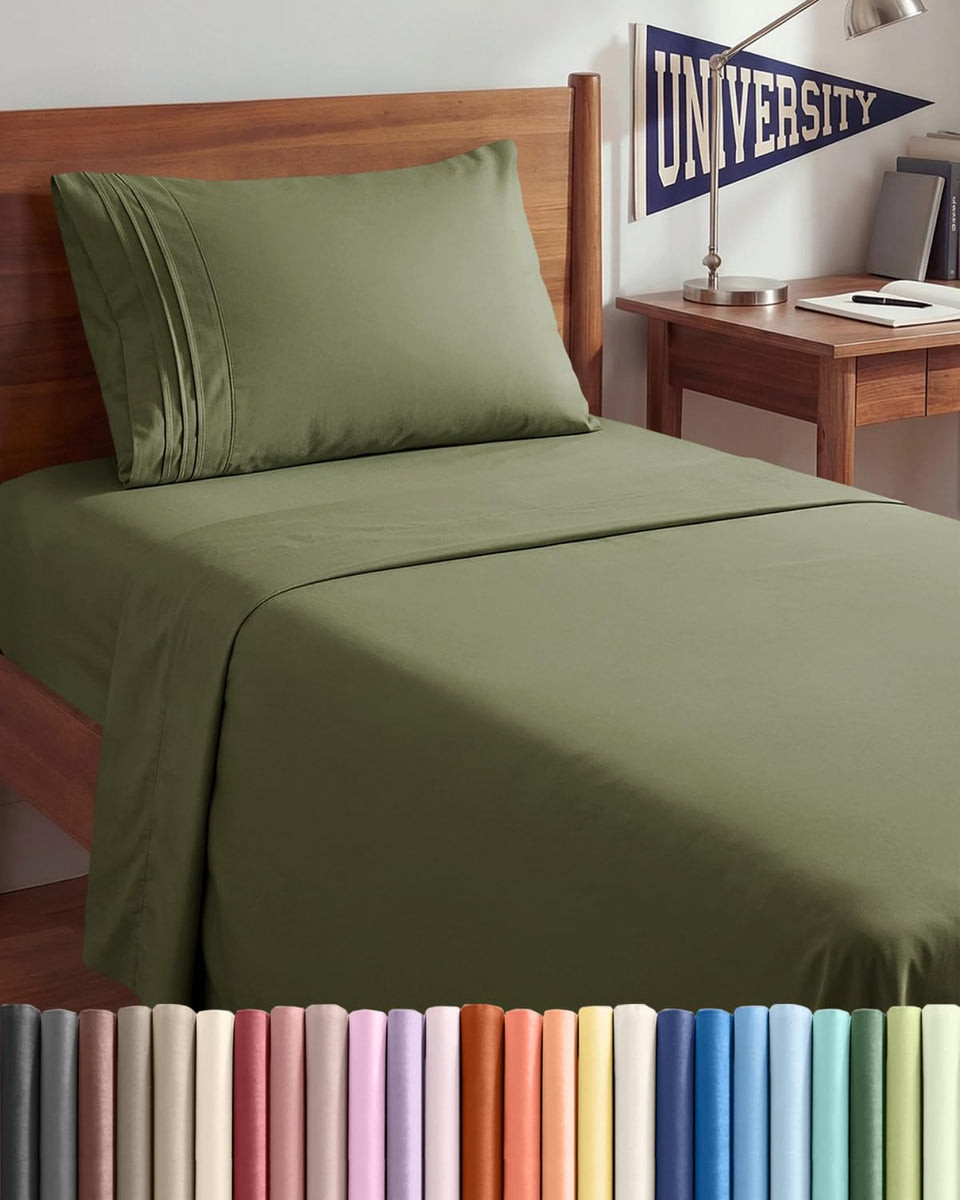 CGK Unlimited Twin XL flat sheet in sage green provides breathable, cool sleep.