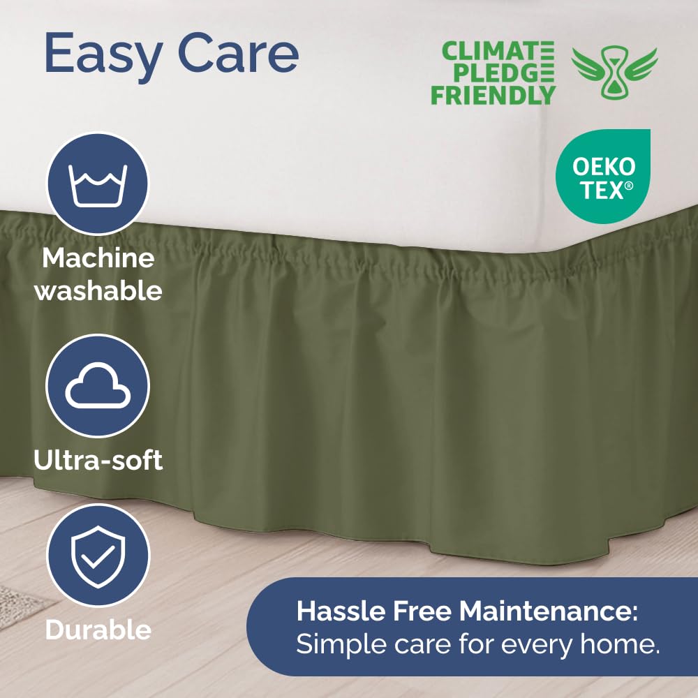CGK Unlimited sage green bed skirt is machine washable for easy care