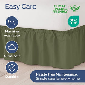 CGK Unlimited sage green bed skirt is machine washable for easy care
