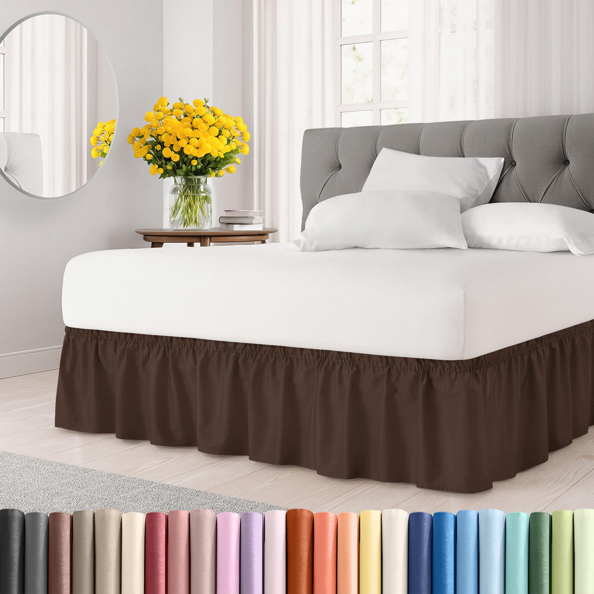 CGK Unlimited wrap-around bed skirt fits king beds with 15 inch drop for a seamless look