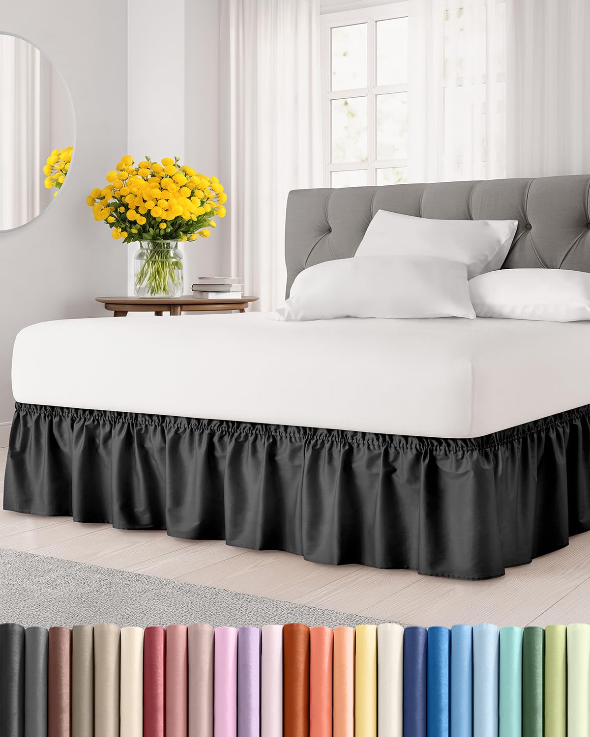 CGK Unlimited wrap-around bed skirt in black adds a seamless, tailored look to queen beds.