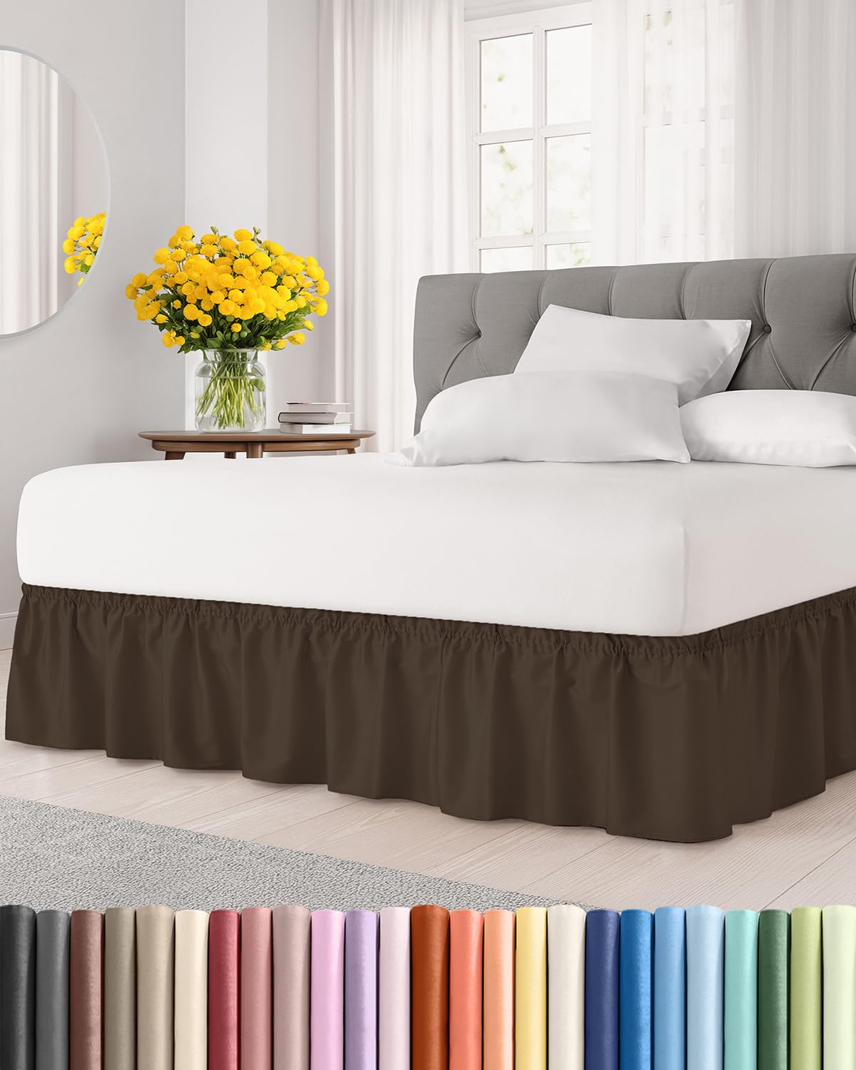 CGK Unlimited wrap-around bed skirt in brown maintains a clean queen bed with a 15-inch drop.