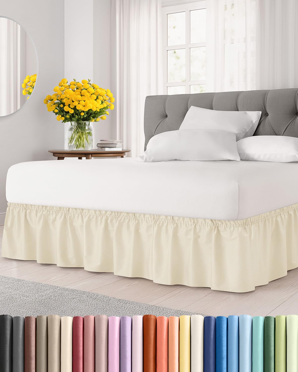 CGK Unlimited wrap-around dust ruffle bed skirt off white on a queen bed, 15-inch drop, clean look