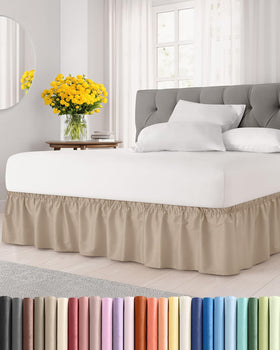 CGK Unlimited wrap-around dust skirt in cream for queen beds with 15-inch drop, easy fit