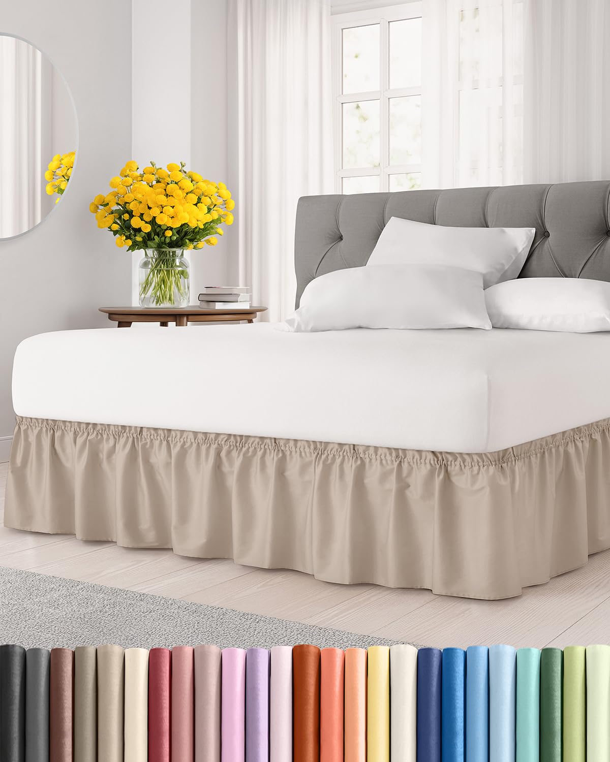 CGK Unlimited wrap-around dust skirt on king bed with 12-inch drop for a seamless look