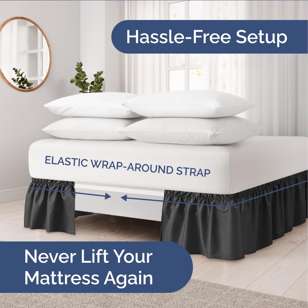CGK Unlimited wraparound bedskirt with elastic wrap for secure fit.