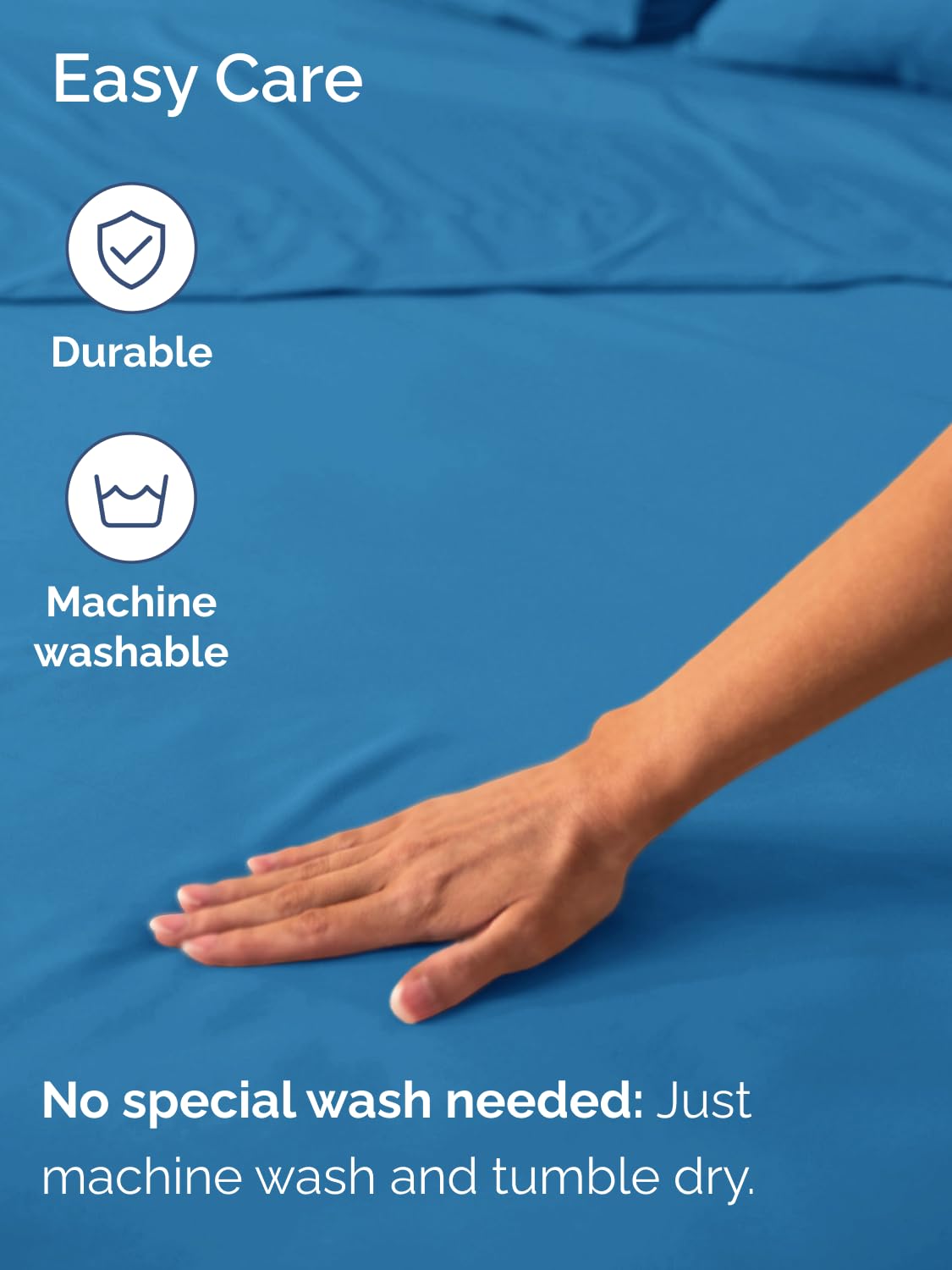 CGK Unlimited denim blue queen sheet ready for machine washing.