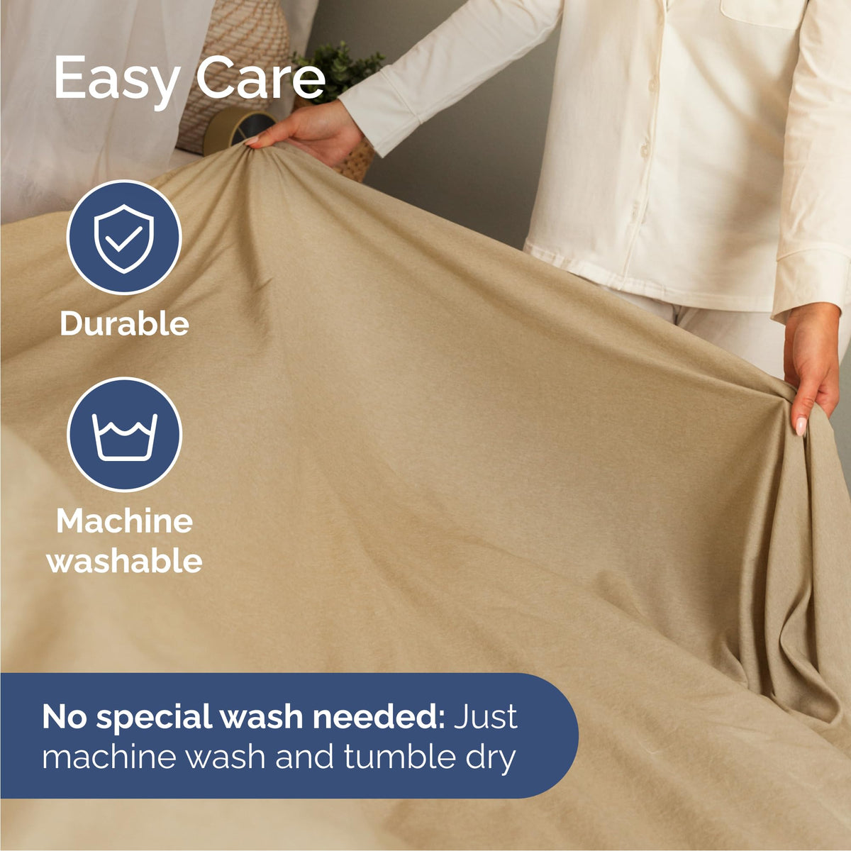Wrinkle-free-looking CGK Unlimited sheets in heathered tan color