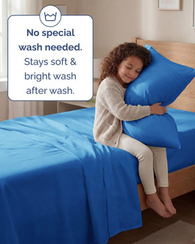 CGK Unlimited wrinkle-resistant blue bedding ready for quick care and tidy appearance