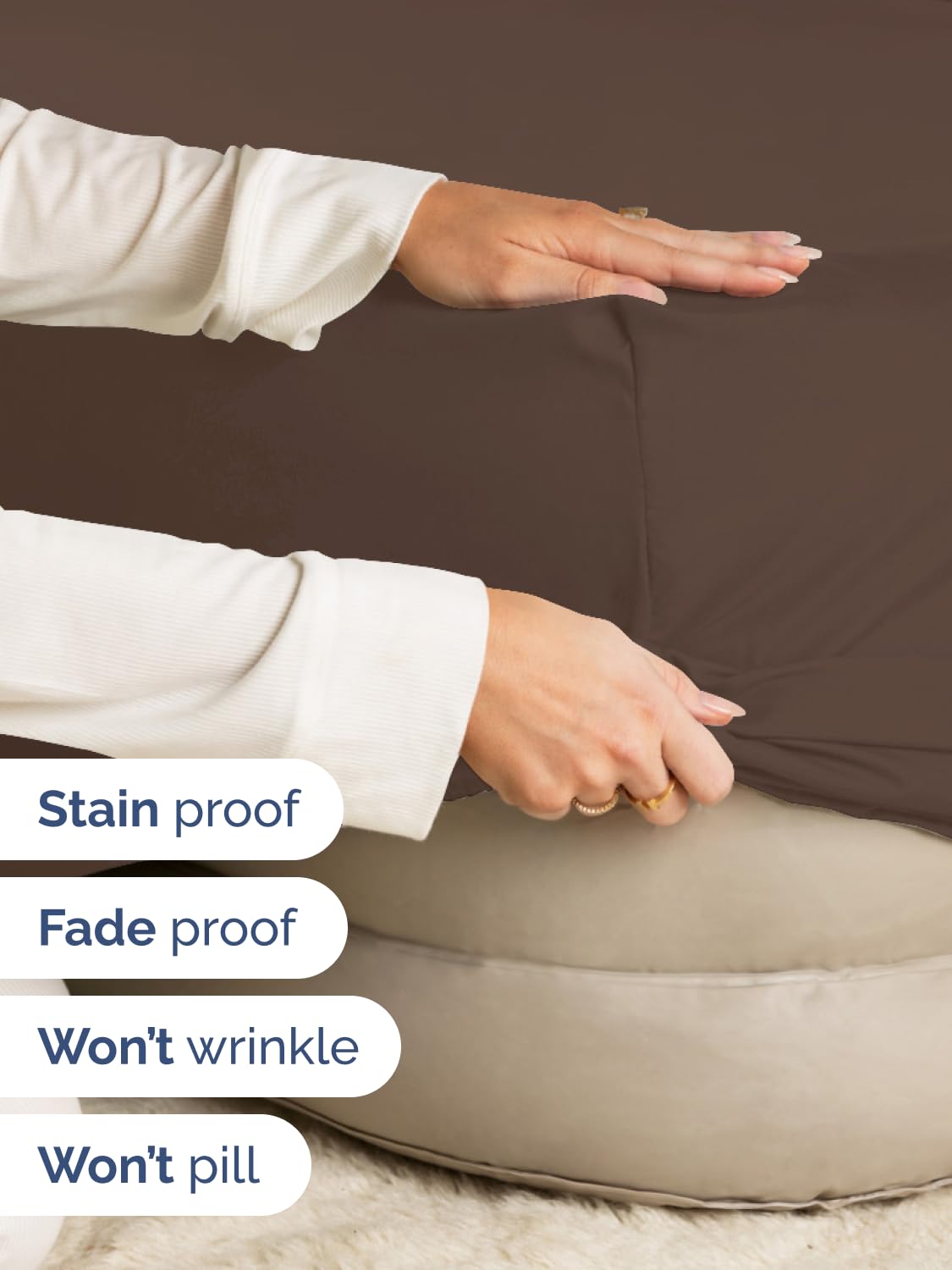 Wrinkle-resistant brown queen sheet tucked over a bed for a neat look