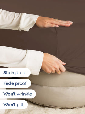 Wrinkle-resistant brown queen sheet tucked over a bed for a neat look