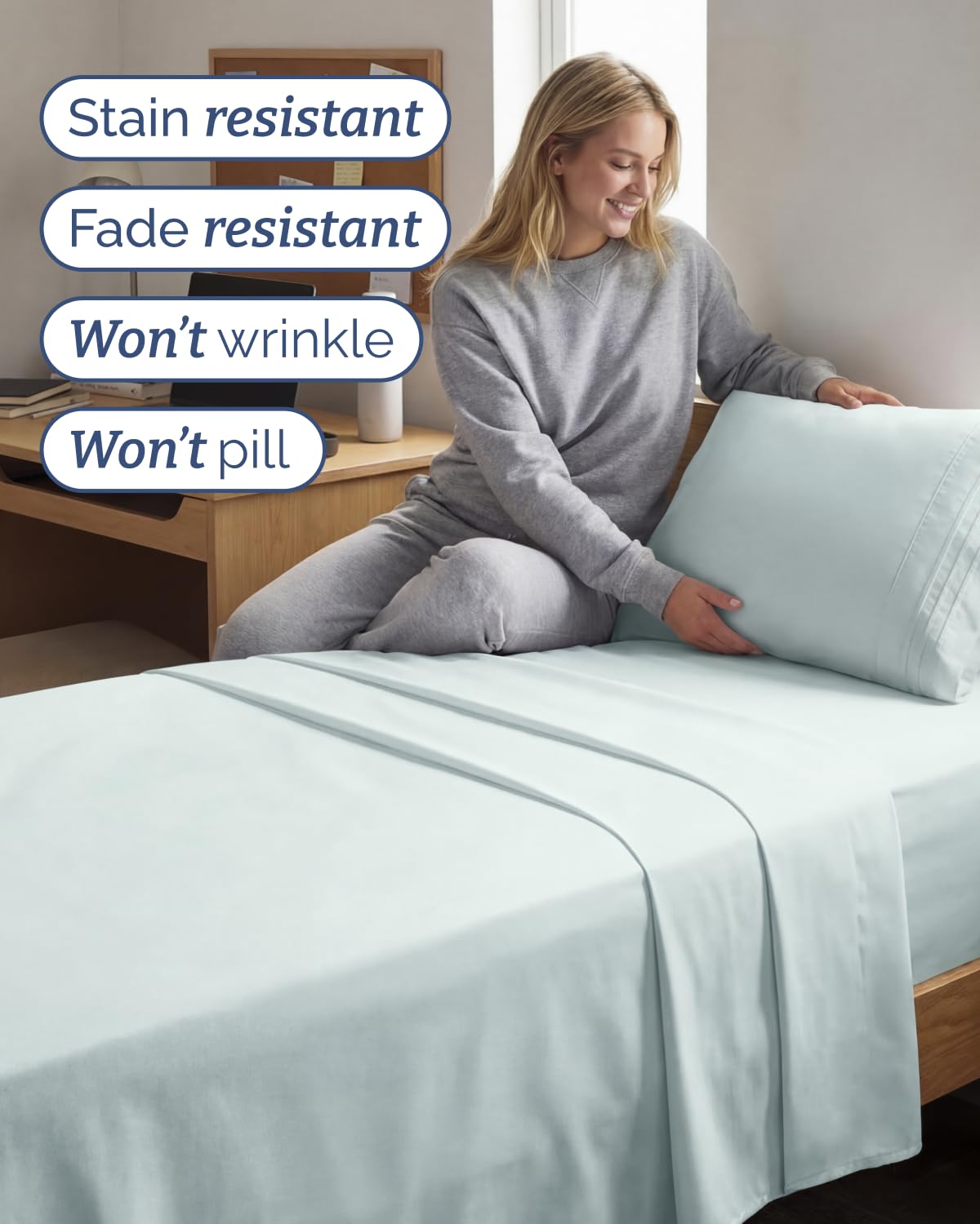 CGK Unlimited wrinkle-resistant hem seen on a neatly made bed.