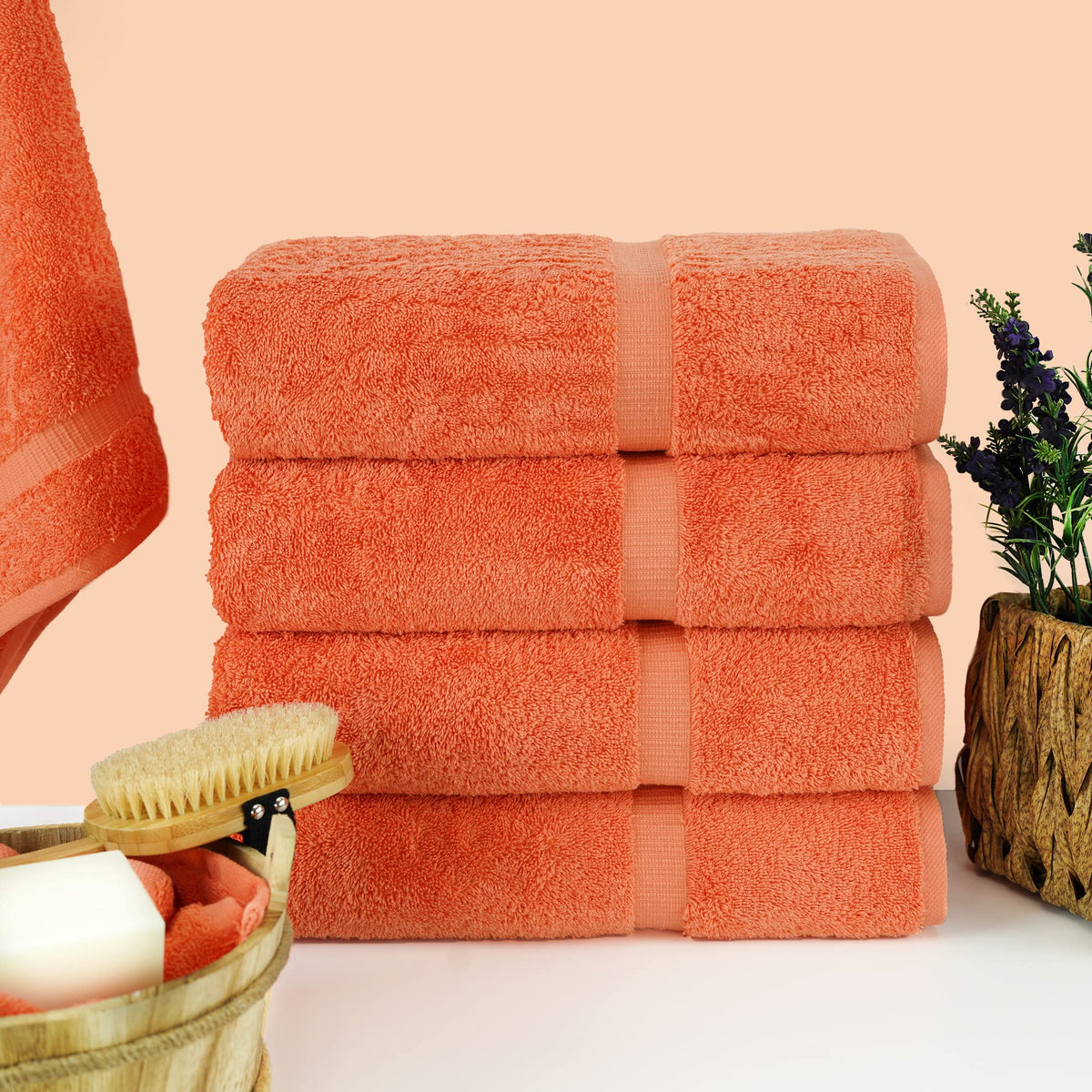Chakir Turkish Linens coral towels closeup shows plush cotton weave for luxurious absorbency.
