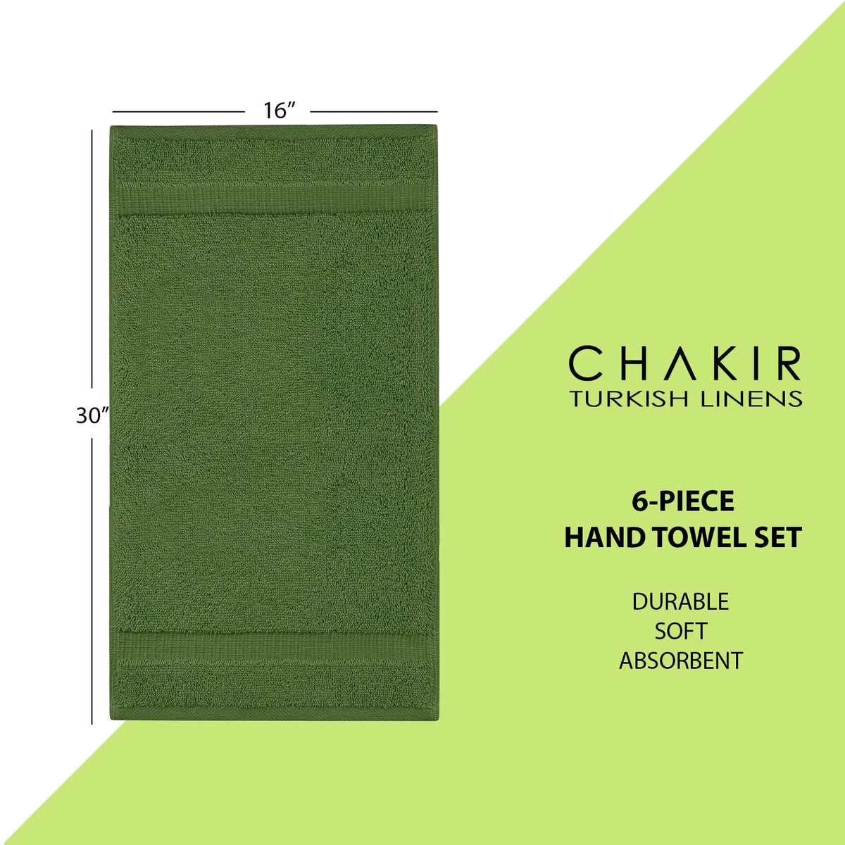 Chakir Turkish Linens moss hand towels closeup, captures premium cotton softness and double-stitch detail.